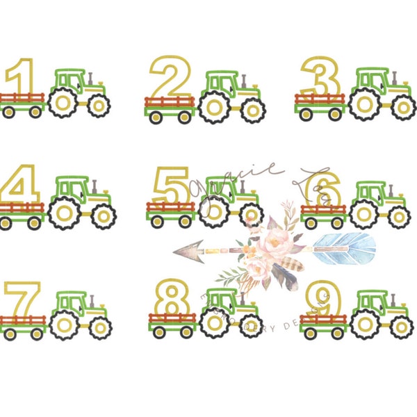 Tractor appliqué number set, First birthday embroidery design, Tractor embroidery design