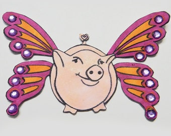 Flying Pig with butterfly wings (Large) cling rubber stamp