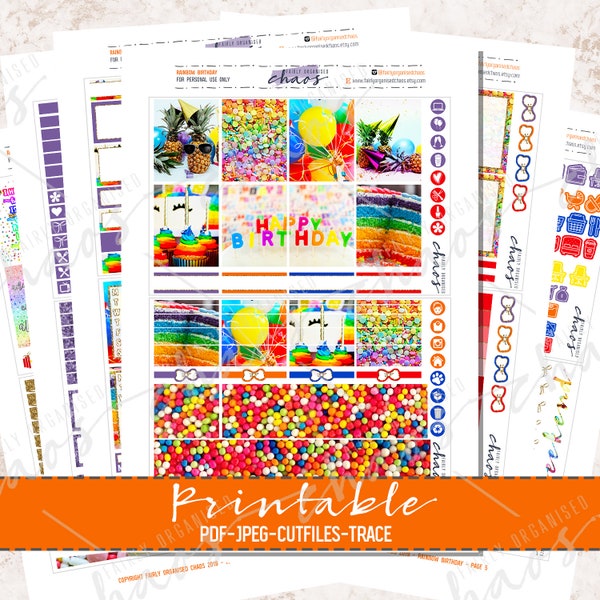 RAINBOW BIRTHDAY Printable STICKER Kit - Birthday Kit - Printable Planner Stickers - Photo Kit