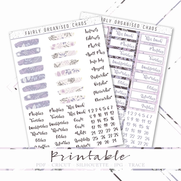 Days of the Week Printable Planner Stickers, Purple and Lilac Stickers, Months of the Year Stickers, Functional Planner Stickers