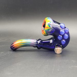 Rainbow Feather Rake Glass Sherlock Pipe with Dichroic Marble