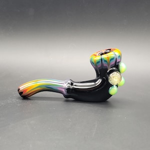 Standup Kickback Black Glass Sherlock Pipe with Rainbow Feather Rake