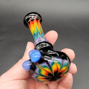 Black Glass Pipe with Rainbow Feather Rake