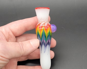 Rainbow Feather Rake Glass Chillum Pipe White