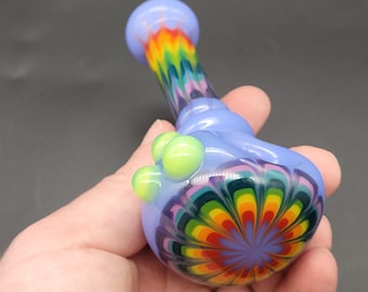 Floral Rainbow Baby Blue Glass Spoon Pipe