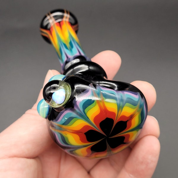 Floral Rainbow Glass Spoon Pipe Black with Opal