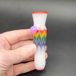 Rainbow Feather Rake Glass Chillum Pipe White
