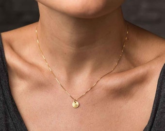 Gold Disc Necklace, Brushed Gold Coin, Dainty Layering Necklace