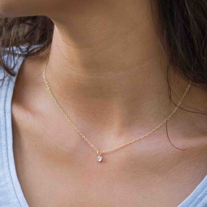 Cubic Zirconia Charm Necklace Gold | Short Gold Filled Necklace for Her | Round Tiny Gemstone Pendant