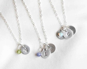 Personalized Gift For Her, Initial & Birthstone Necklace Silver