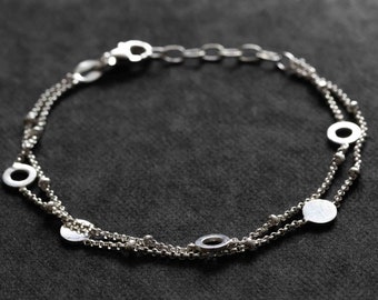 Open Circles and Disks Bracelet, Dual Chain Sterling Silver Bracelet