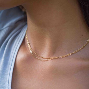 Paperclip & Dew Drop Necklace Gold, Dual Chain Necklace