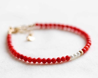 Red Coral & White Pearl Bracelet | Mixed Gemstone Jewelry