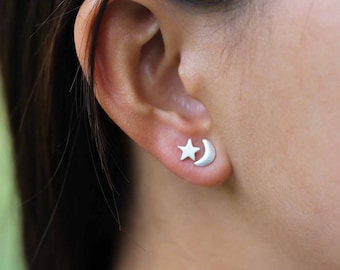 Tiny Star & Moon Stud Earring Sterling Silver