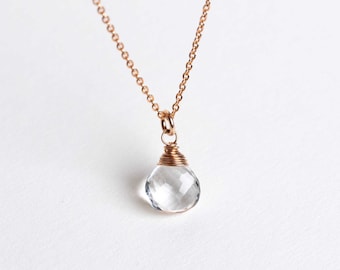 Clear Quartz Necklace Rose Gold Filled | Rock Crystal Gemstone Pendant