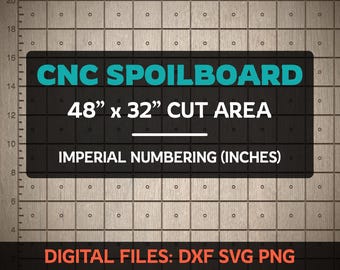CNC-spoilboard 48x32 rutnät - numrering i brittiskt format (tum) - DXF, SVG, PNG digitala filer