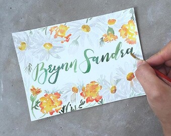 Regalo ideal para la habitación del bebé recién nacido: pintura floral en acuarela con letras a mano y caligrafía.