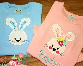 Girls Easter Shirt, Embroidered Easter Shirt, Bunny Shirt, Easter Bunny Shirt, Girls Bunny Shirt, Easter, Girl Easter Applique, White Bunny