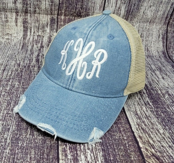 Unisex Denim Distressed Trucker Hat with Patch Kangqifen Unisex Denim Baseball Cap Washed Distressed Letter  main image 4