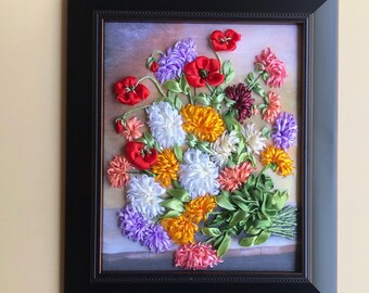 framed red poppy 3D ribbon embroidery framed summer picture Embroidered poppy ribbon embroidered picture botanical picture red poppy