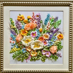 Elegant Summer Bouquet, Ribbon Embroidery Picture, 3D Embroidery Art, Framed Picture