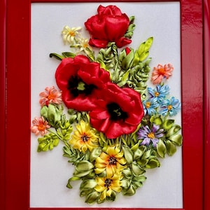 Poppies in a bouquet, Ribbon Embroidery Picture, 3D Embroidery Art, Framed, Birthday Gift, Home Wall Decor, Wall Art Embroidery