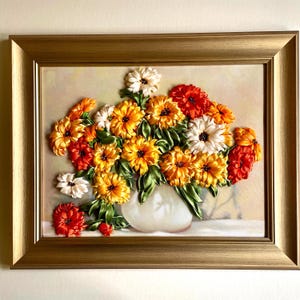 Colorful Gerberas in a  vase, Ribbon Embroidery Picture, 3D Embroidery Art, Framed, Birthday Gift, Home Wall Decor, Wall Art Embroidery