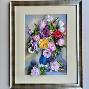 Beautiful Summer Bouquet, Ribbon Embroidery Picture, 3D Embroidery Art, Framed, Birthday Gift, Home Wall Decor, Wall art embroidery