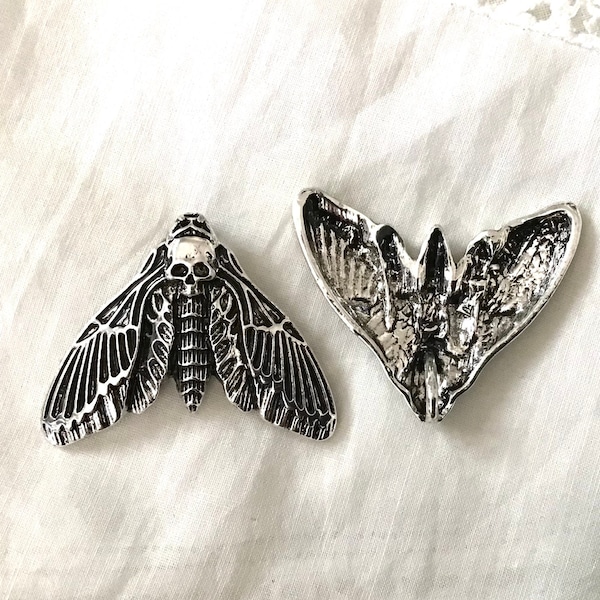 DESTASH Set of Three Deaths Head Moth Charms With Backset Wings, BIG Bright Shiny Silver Alloy Perfect For Halloween or Goth Embellishments