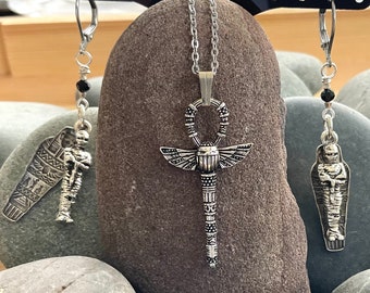 Mummy and Sarcophagus Earrings with Scarab Ankh Pendant for Archeology Egyptology King Tut Undead Horror Movie Fans. Halloween Jewelry