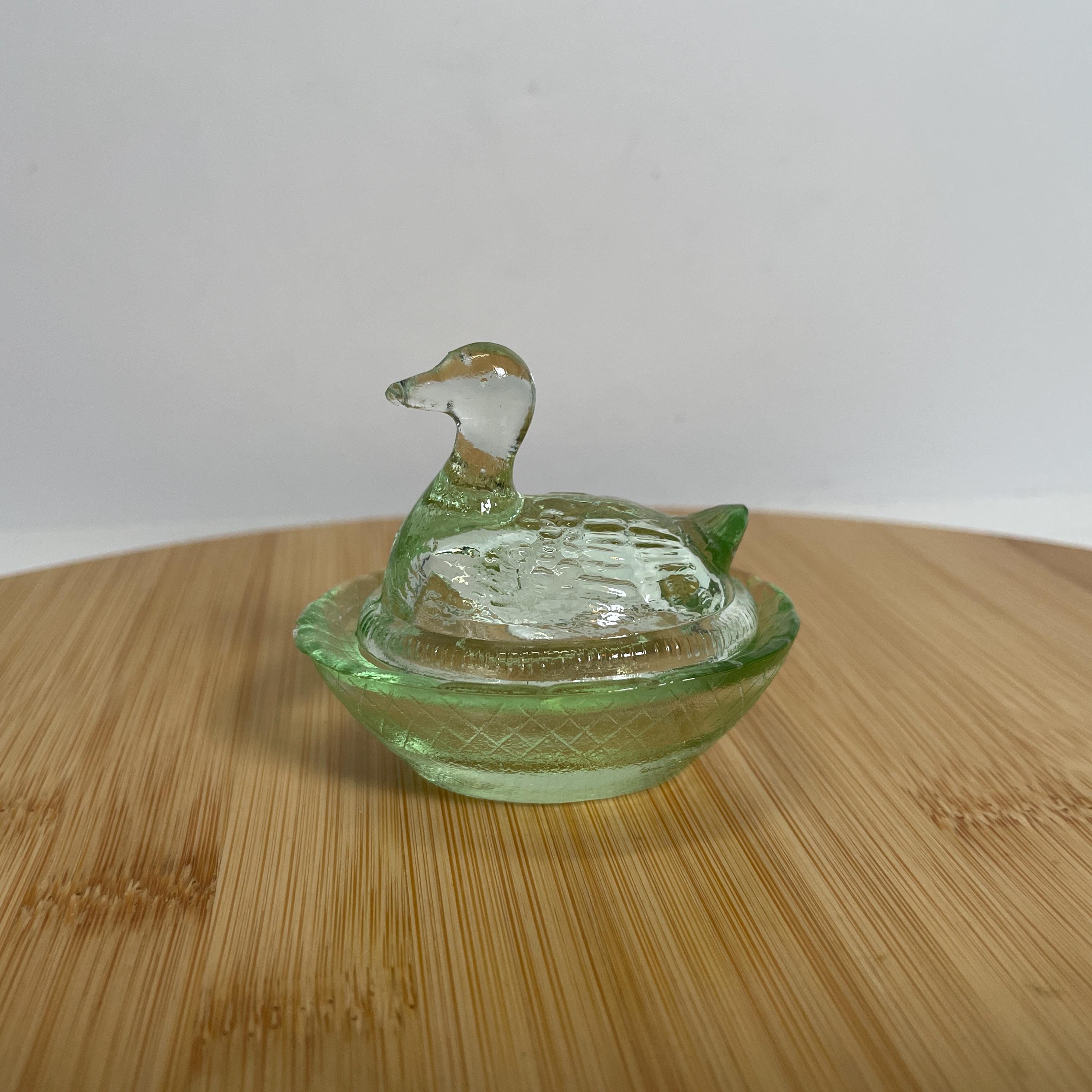 Vintage Green Vaseline Glass Mini Duck On Nest Basket Miniature