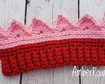 Valentine's Day Child Crochet Crown Ear Warmer - Red Pink Love Holiday Headband Head Wrap - Costume - Handmade Crochet- Ski Headband