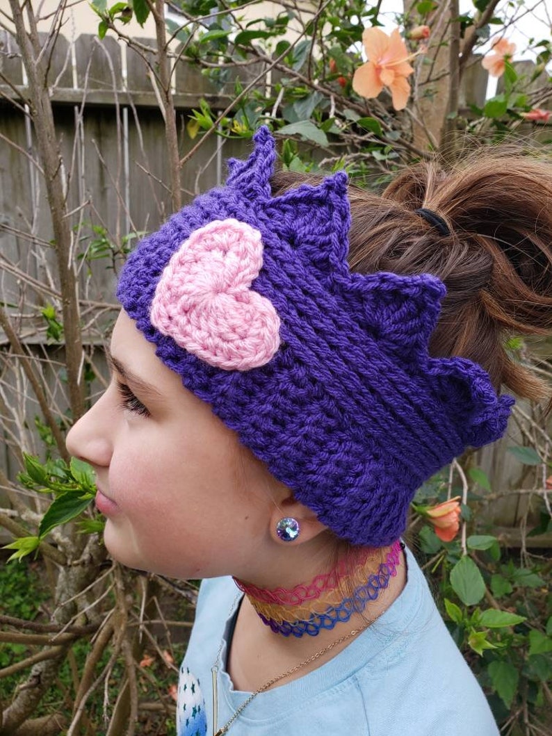 Costume Handmade Crochet- Ski Headband Crochet Crown Ear Warmer With Heart Applique- Headband Head Wrap Kids and Adult Sizes