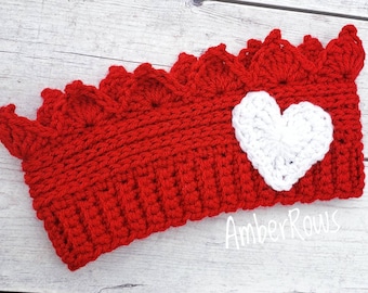 Crochet Crown Ear Warmer With Heart Applique- Headband Head Wrap - Kids and Adult Sizes, Costume - Handmade Crochet- Finished Item