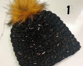 Handmade Crochet Winter Toque Hat Beanie Faux Fur Puff PomPom