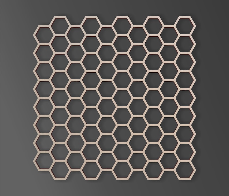 May include: A white honeycomb pattern with a red outline. The pattern is made up of a series of hexagons.