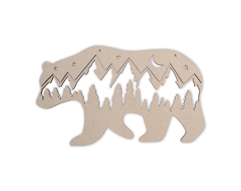 Woodland Bear Mountain Scene Cutout: Unfinished Wooden Wall Decor