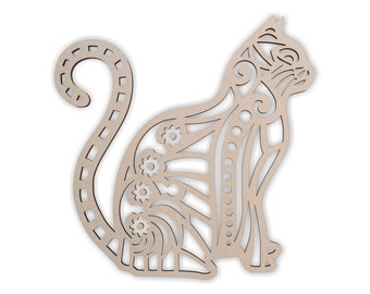 Wooden Tribal Cat Wall Art: Unfinished MDF Decor