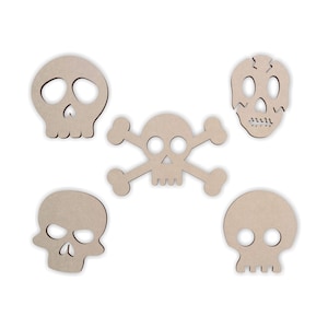 Wooden Shape Skulls (Set of 5) Halloween Wooden Cutout, Spooky Wall Art, Home Decor, Wall Hanging, Unfinished Ready to Paint