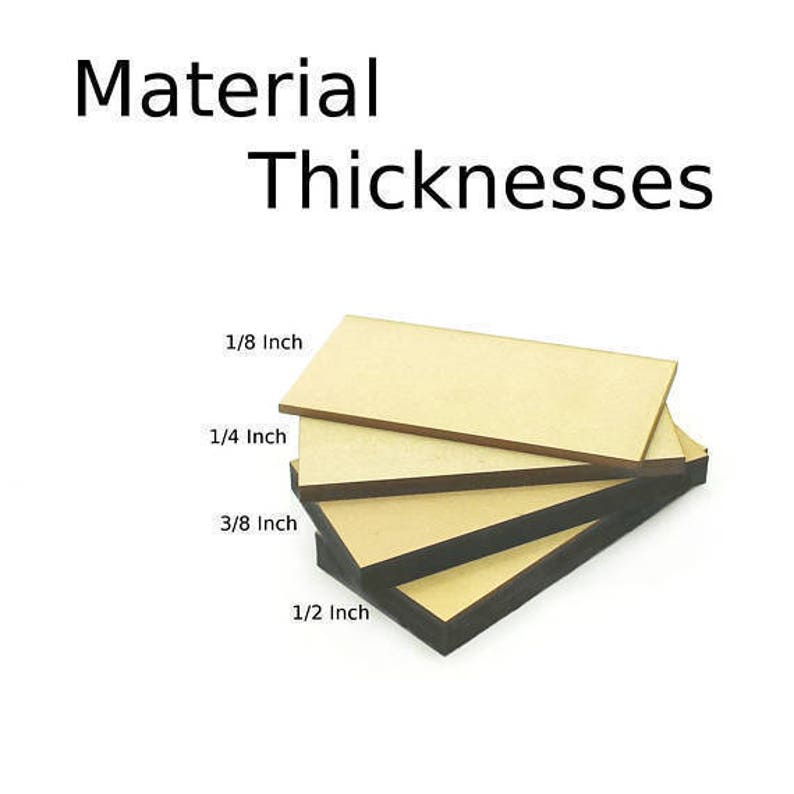 May include: Four pieces of wood stacked on top of each other, showing different thicknesses: 1/8 inch, 1/4 inch, 3/8 inch, and 1/2 inch. The wood is a light brown color.