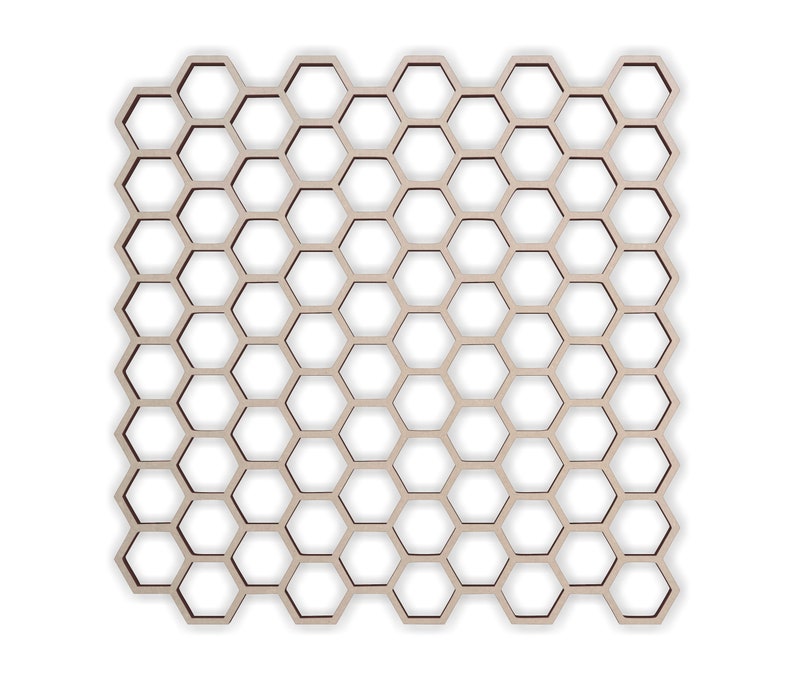 May include: A wooden honeycomb grid with a light brown color. The grid is made of many hexagonal shapes.