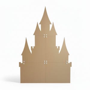 May include: A large, brown cardboard castle cutout with multiple turrets and a rectangular base. The castle is assembled from four sections, joined with white fasteners. The design features arched windows and a classic fairytale silhouette.