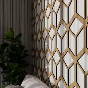 May include: A white wall with a geometric pattern cut out of it. The pattern is made of overlapping squares and rectangles, creating a 3D effect. The wall is painted a light brown color, and the cutouts are a darker brown.