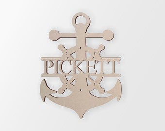 Personalized Wooden Anchor and Ship Wheel Family Name Sign - Cutout, Home Decor, Unfinished and Available in Many Sizes