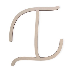 May include: A wooden letter I in a cursive font. The letter is painted a light brown color.
