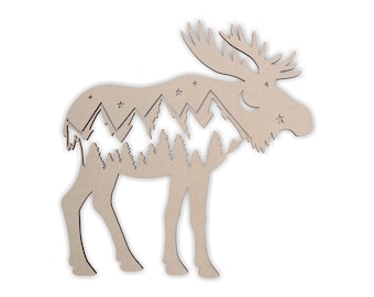 Laser Cut Wooden Moose Cutout: Mountain Scene Wall Decor