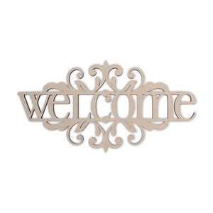 Wooden Flourish Welcome Sign, Wooden Cutout, Wall Art, Home Decor, Wall Hanging, Unfinished and Available in Many Sizes