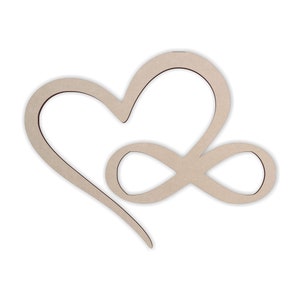 May include: A wooden cutout of an infinity symbol intertwined with a heart shape. The design is a simple, elegant way to express love and eternity.