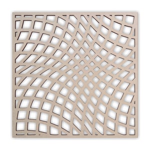 May include: A square, light brown wooden panel with a repeating, distorted grid pattern. The grid is composed of interconnected, slightly curved lines, creating a sense of depth and movement. The design is cut out, revealing a white background.