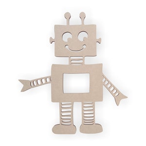 May include: A brown wooden robot cutout with a smiling face, two antennas, and a rectangular body. The robot has two arms with small circles on them and two legs with stripes.